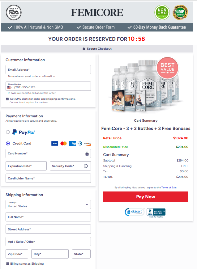 FemiCore checkout page